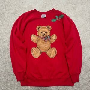 Vintage Hanes Christmas Teddy Bear Red Crewneck XL